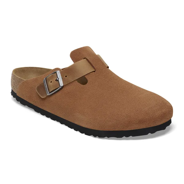 Birkenstock Boston moški natikač v kombinaciji semiš ter oljenega usnja cognac regular 1029185