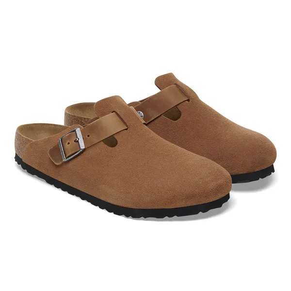 Birkenstock Boston moški natikač v kombinaciji semiš ter oljenega usnja cognac regular 1029185