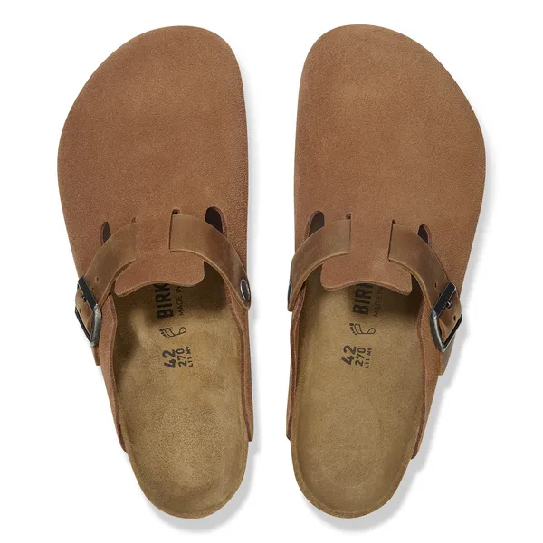 Birkenstock Boston moški natikač v kombinaciji semiš ter oljenega usnja cognac regular 1029185