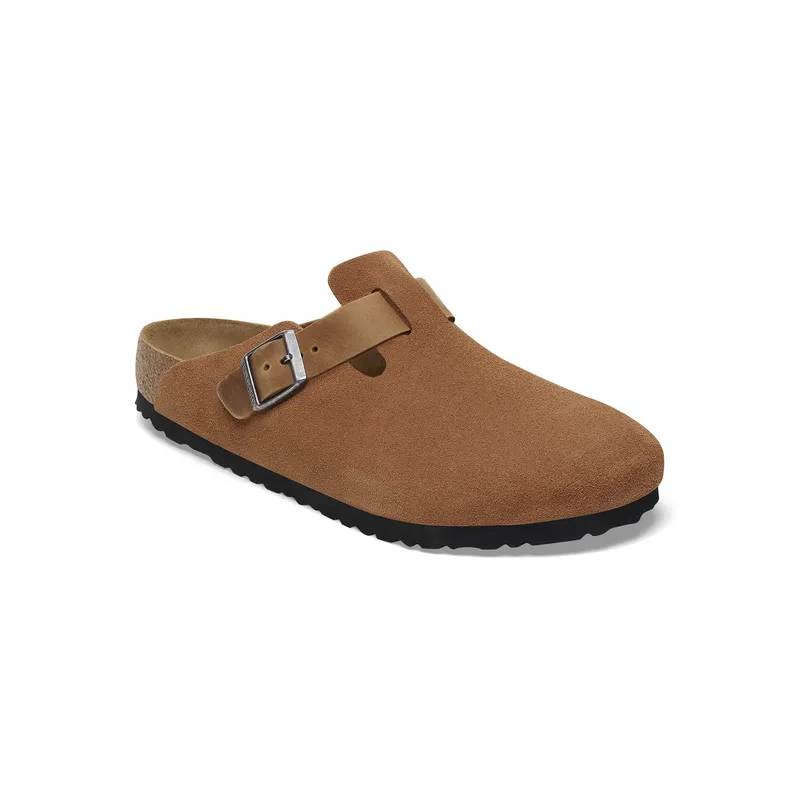 Birkenstock Boston moški natikač v kombinaciji semiš ter oljenega usnja cognac regular 1029185