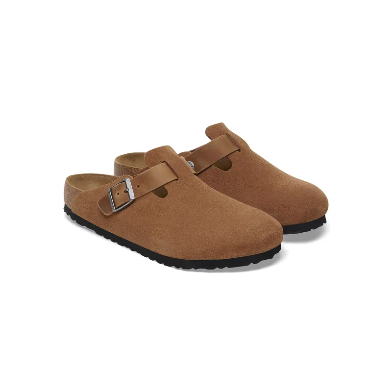 Birkenstock Boston moški natikač v kombinaciji semiš ter oljenega usnja cognac regular 1029185