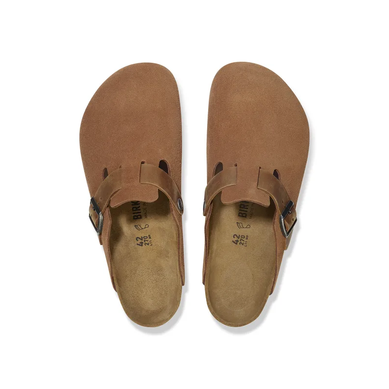 Birkenstock Boston moški natikač v kombinaciji semiš ter oljenega usnja cognac regular 1029185